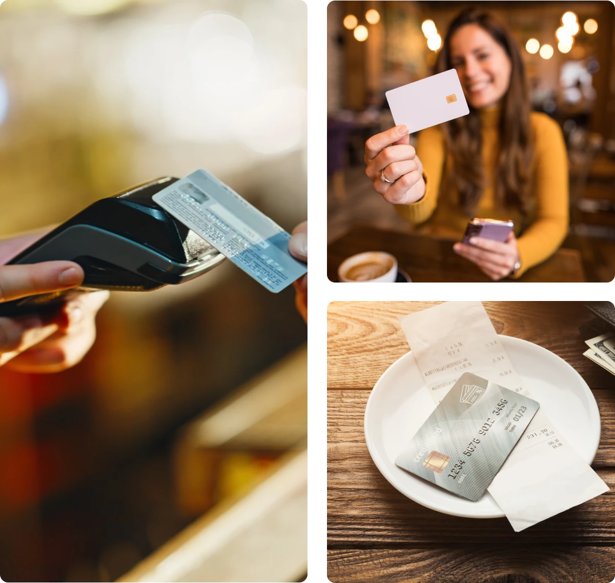 Woman holding credit card in café