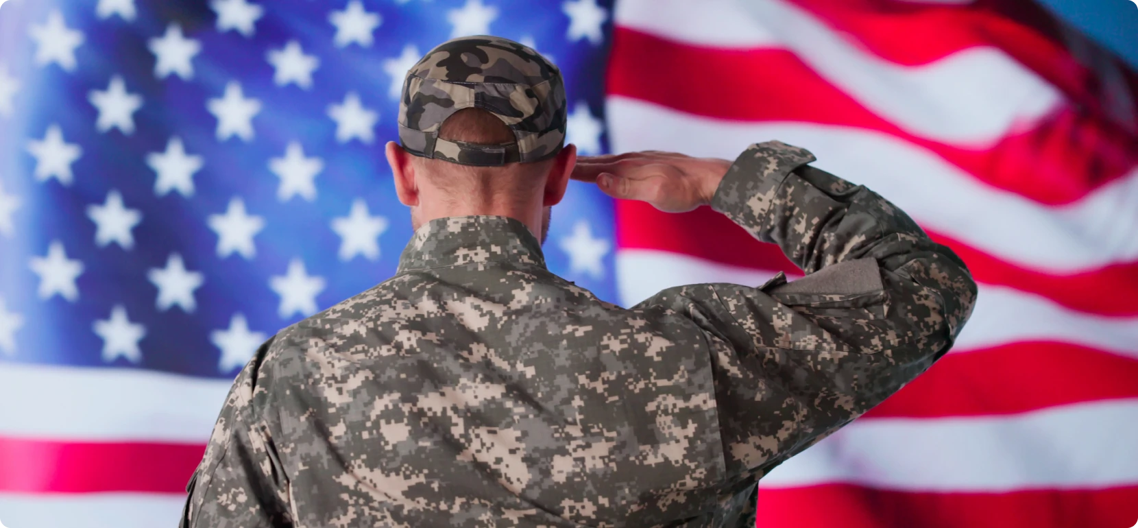 Soldier saluting in front of American flag